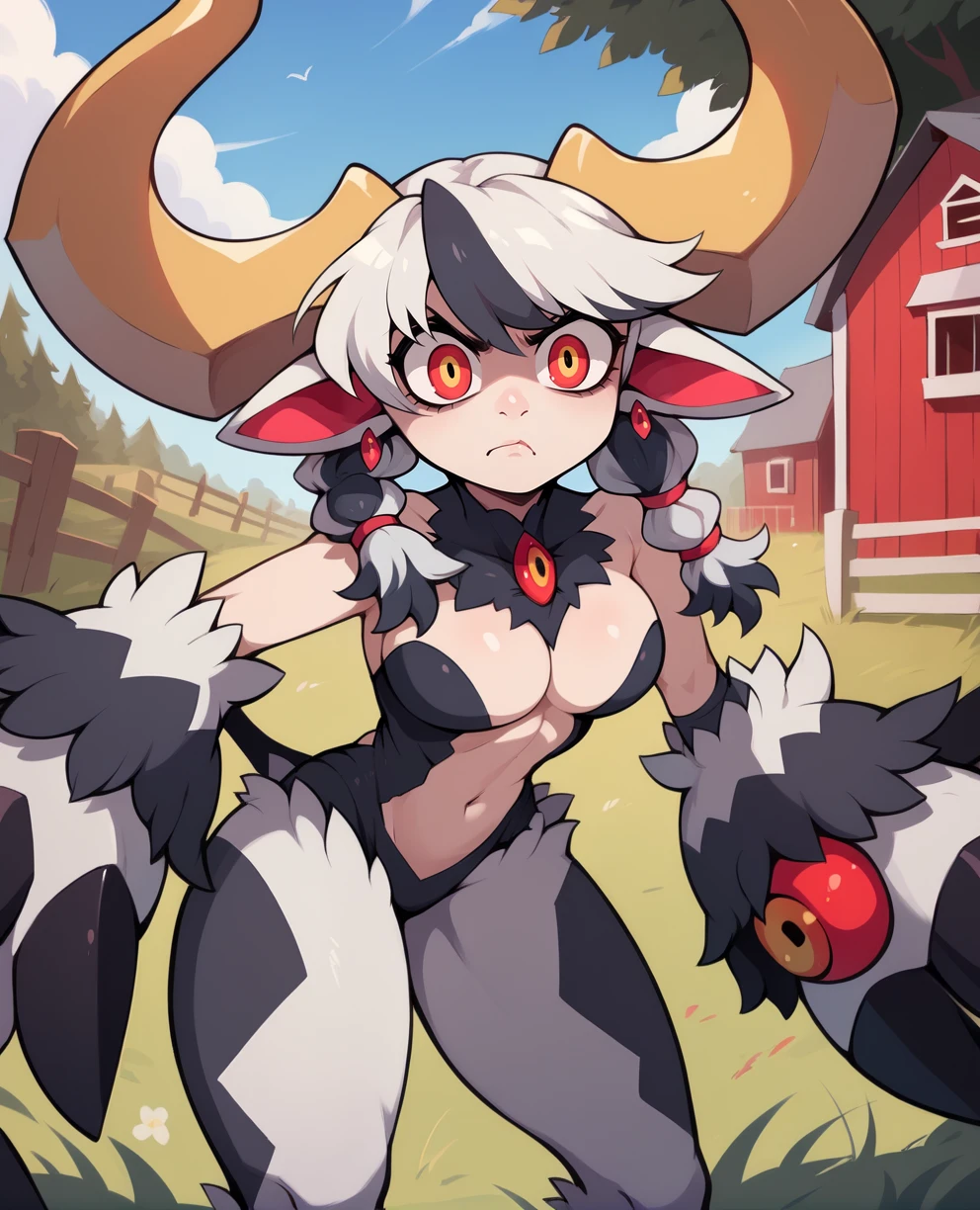 score_9,score_8_up,score_7_up,score_6_up,score_5_up,score_4_up,
evleyxl,yellow horns,red eyes,cow ears,white hair,twin braids,bangs,leotard,serious,crazy eyes,
largeclaws,cleavage,navel,clothing cutout,leaning forward,earrings,
outdoors,farm,solo,
<lora:evileye:1>,