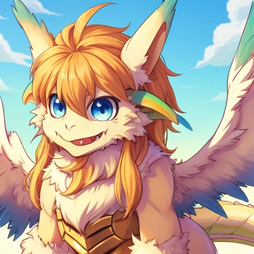 dragon, solo, flam_mana, wings, blue eyes, blonde hair, fang, sky in background, tail, fur, claws, looking at the viewer, focus on face, close up <lora:Flammie_White_Dragon_from_Mana_video_games_series:1>