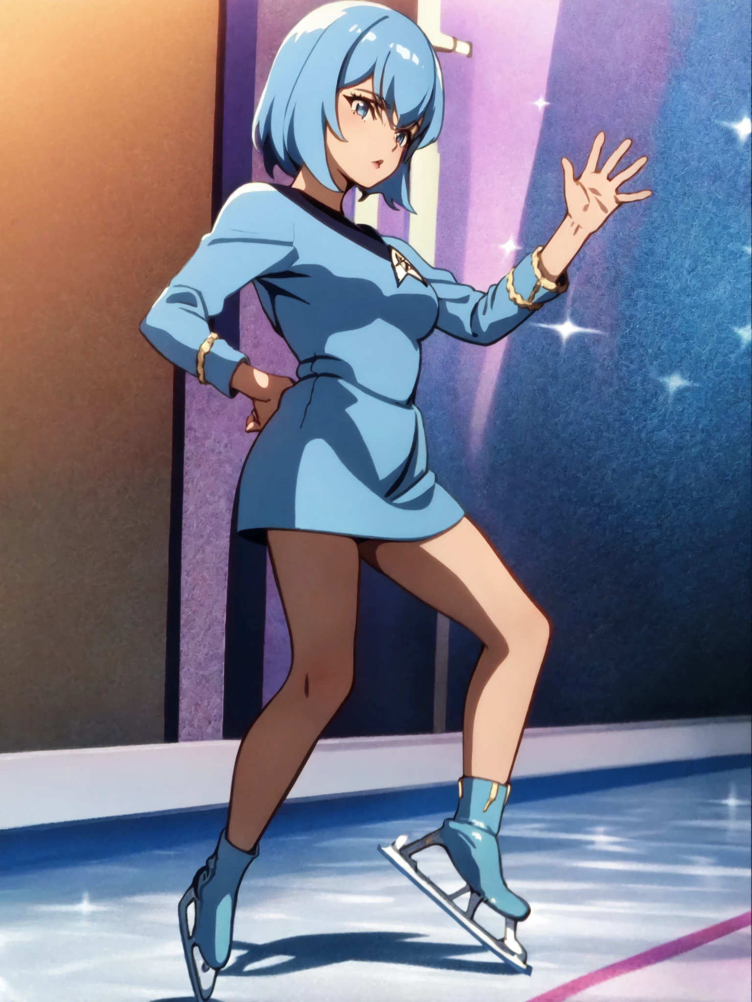 anime screencap, 1girl, solo,woman in a (blue startrektos dress:1.2),ice skating,ice rink,pose,colorful<lora:StartrekTosV3-000028:0.8>