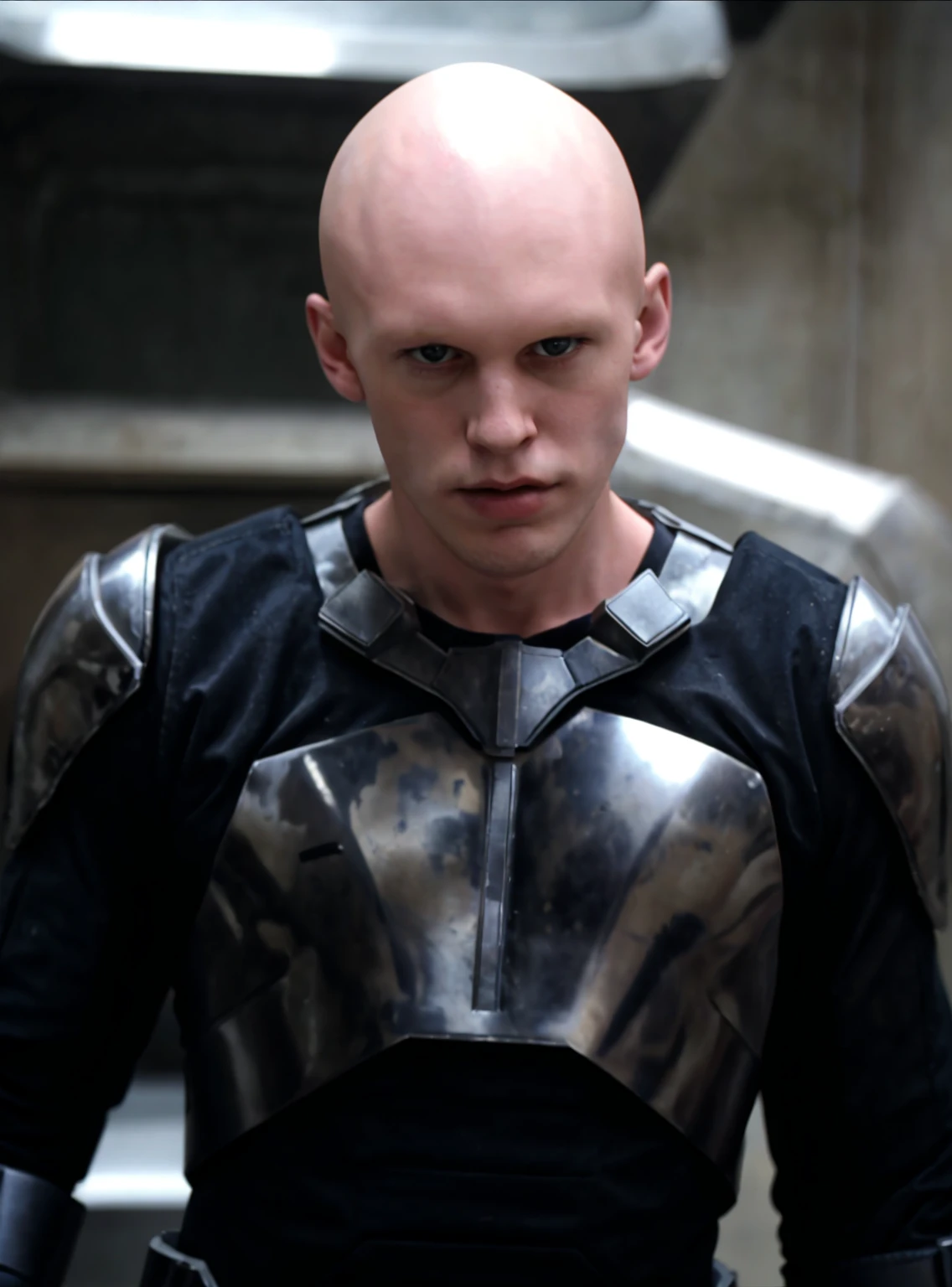 <lora:feydrautha_v1-15:0.8>, feydrautha, realistic face, 1man, (bald, browless:1.10), pale white skin, armor, looking at viewer, cinematic lighting, closed mouth, blurry background, upper body, science fiction, <lora:zoom_slider_v1:-2>, <lora:skin_tone_slider_v1:0>