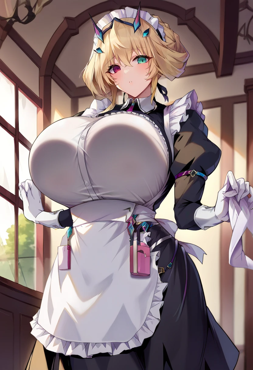 score_9, score_8_up, score_7_up, source_anime BREAK 1girl, solo, looking at viewer, cowboy shot, <lora:Barghest_Sdxl:0.9>, Barghest_Maid, platinum blonde hair, twin braids, short hair, sidelocks, hair up, hair bun, heterochromia, maid headdress, frilled dress, pleated dress, juliet sleeves, maid apron, collar, black skirt, long skirt, white gloves, huge breasts, curvy, indoors, vila, marble floor, glass table, day, window, <lora:blue_gk-Style-PonyXL-000017:1>