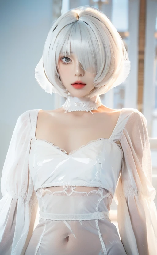 ((stunning masterpiece,stunning photorealistic,stunning 16k)),(best quailty:1.2),(RAW photograph),(ultra-detailed:1.1),//makeup,timeless elegant & exquisite,//stunning narrow waist,(pureerosface_v1:0.5),<lora:tianfeng_filmgirls5:0.5>,1girl,solo,closed mouth,(//pale skin,medium breasts:1.5),looking at viewer,pose,volumetric light,ultra highres,vivid,white thighhighs,(white hair,Inverted Bob Haircut:1.5),(bangs covering one eye:1.66),((frills, white sheer sleeves,white sheer dress,white sheer bridal veil,elegant blue eyes)), white lace dress,black gloves, <lora:Nier_Automata_2B_White_Wedding_Dress_Bride_Cosplay_Realistic_LoRA_SD1.5:0.7>
