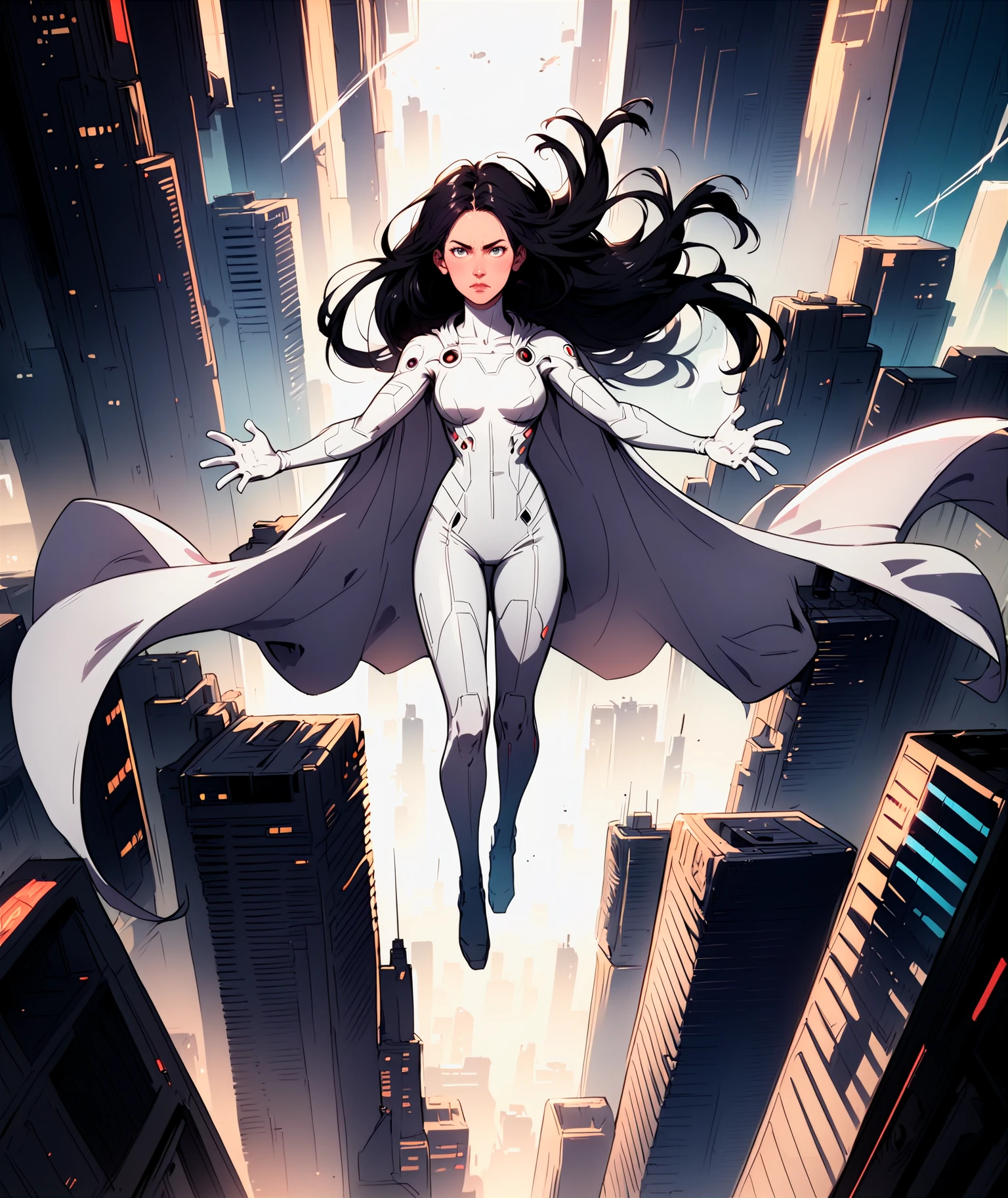score_9, score_8_up, score_7_up, rating_safe, woman, solo, superhero, white bodysuit, quantum, full body, white cape, long hair, black hair, floating, city background, outstretched arms, t-pose, standing, from front <lora:WasurePony:1>