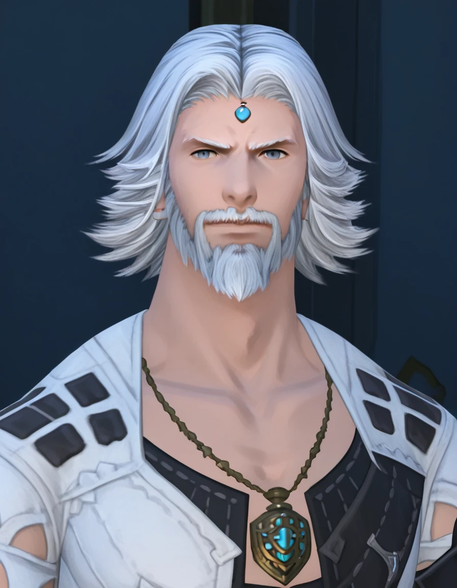 cidnangarlondffxiv, 1boy, facial hair, male focus, solo, beard, white hair, jewelry, grey eyes, mustache, necklace, looking at viewer, blue eyes, upper body <lora:CidFFXIVPDXL:1>