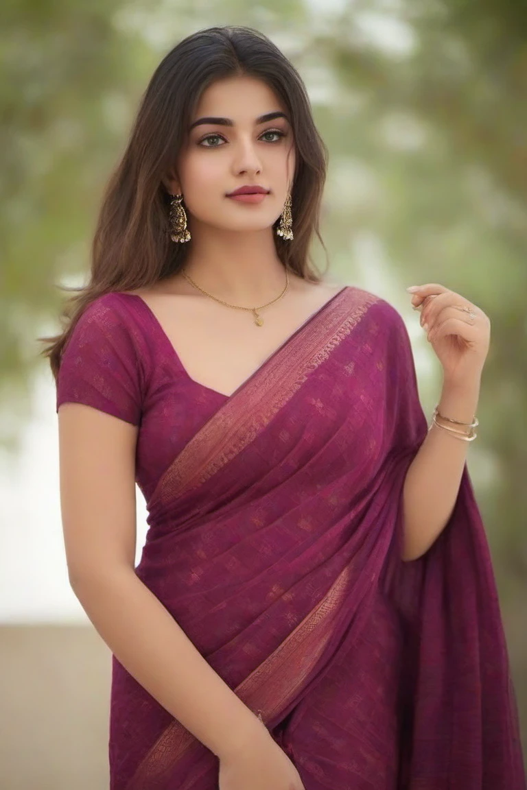 Full body image, hyperrealistic photograph of a sexy woman, 20 years old, athletic body, black saree, big breasts, very light brown hair, brown eyes, small earring in right ear, very long eyelashes, sensual lips, provocative and sexy expression. 