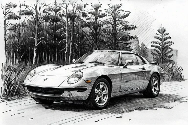 pencil quick sketch of car in the forest