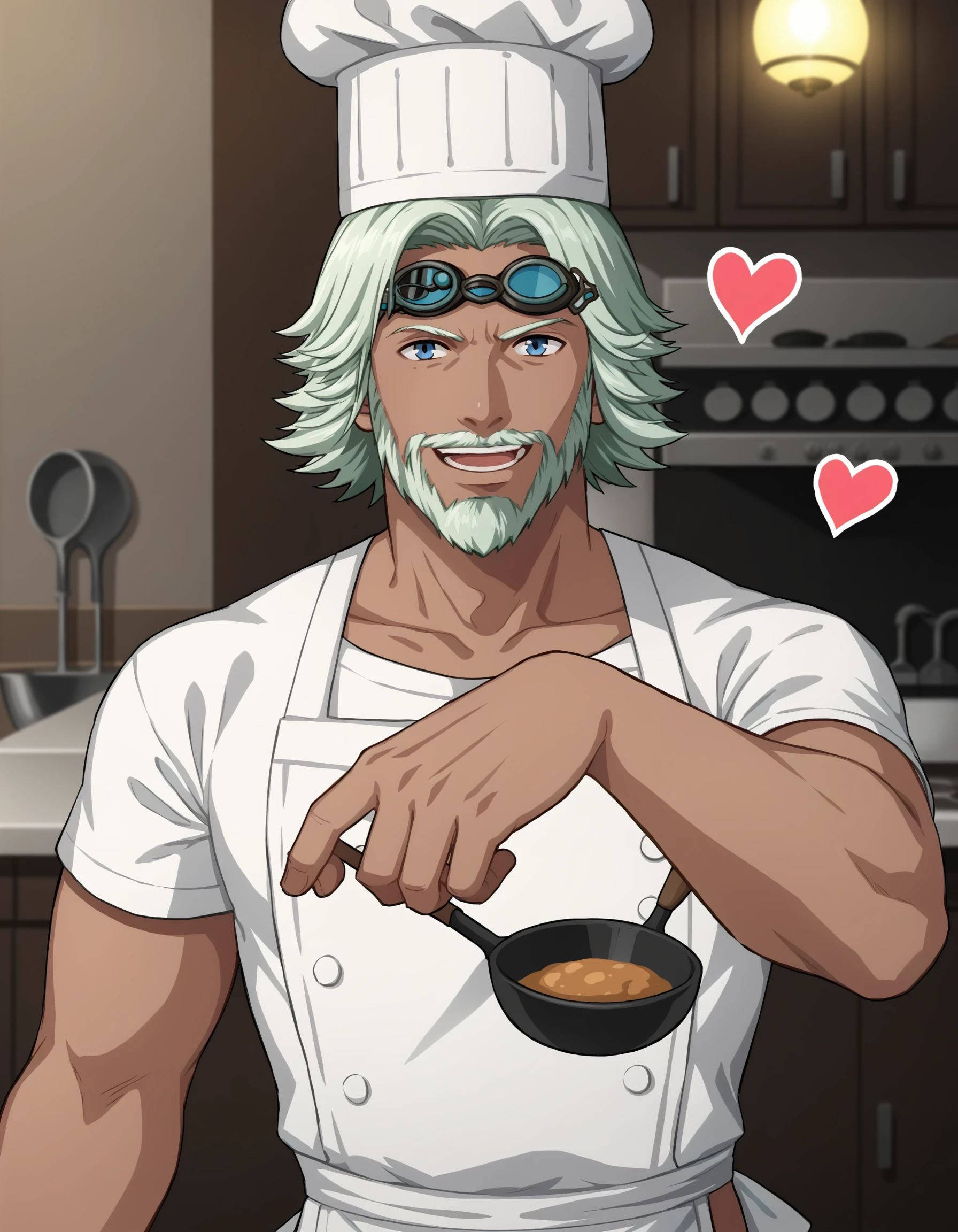 cidnangarlondffxiv, facial hair, 1boy, solo, solo focus, chef hat, blue eyes, chef, dark skin, green hair, heart, glasses, hat, beard, goggles, white hair, goggles on head, open mouth, mustache, apron, smile, male focus, short hair, shirt, red eyes, holding, dark-skinned male, looking at viewer, brown hair, indoors, kitchen,  <lora:CidFFXIVPDXL:0.8>