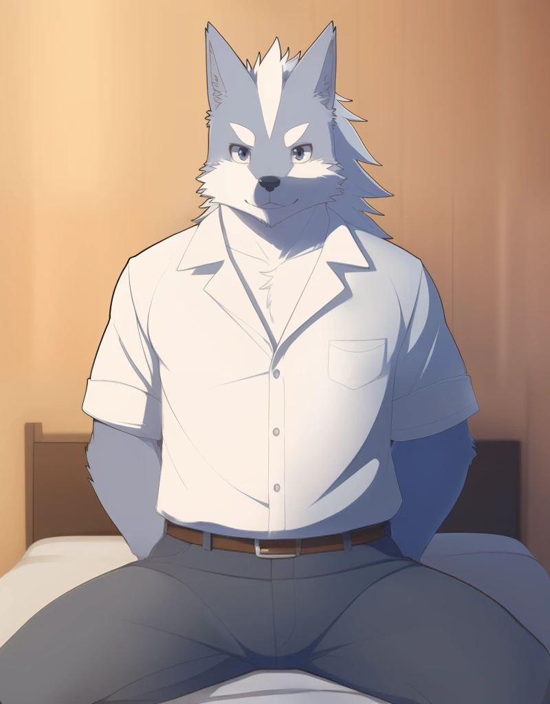 (((detailed eyes, detailed face))), (furry, sousuke <lora:character_sousuke_findigo_v1:0.8>, two-tone fur, grey fur, long hair, dog boy, snout, black eyes), male, (solo), (plump), (white shirt, grey pants), (sitting:1.4), (arms behind back), smile, (front view) BREAK (konzaburou, ukan_muri, cute), bedroom, (flat shading, flat color, high brightness), 8k, UHD, masterpiece, (full body:1.8)