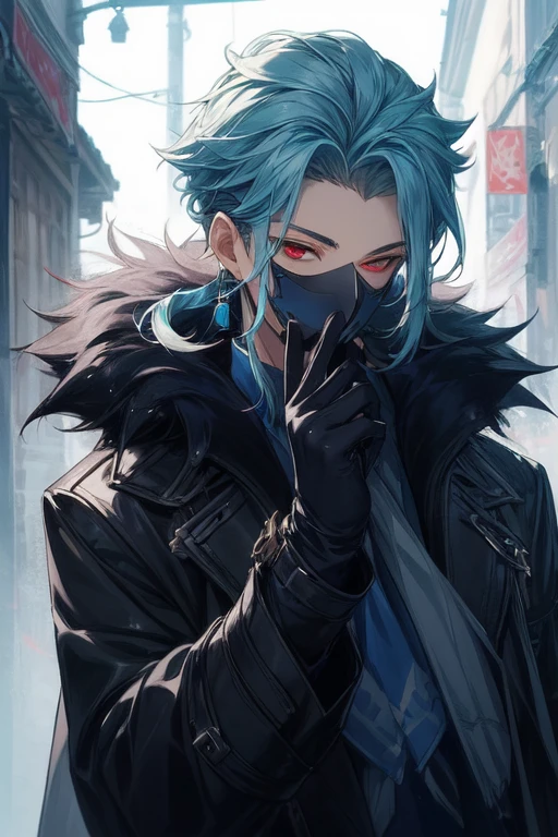 1boy, male_focus, solo, earrings, jewelry, red_eyes, gloves, blue_hair, fur_trim, blood, mask, open_mouth, smile, hair_between_eyes, black_gloves, coat, upper_body, teeth, holding, bangs, fur-trimmed_coat, blue_shirt, short_hair, sidelocks, shirt, artist_name, single_earring, mask_removed