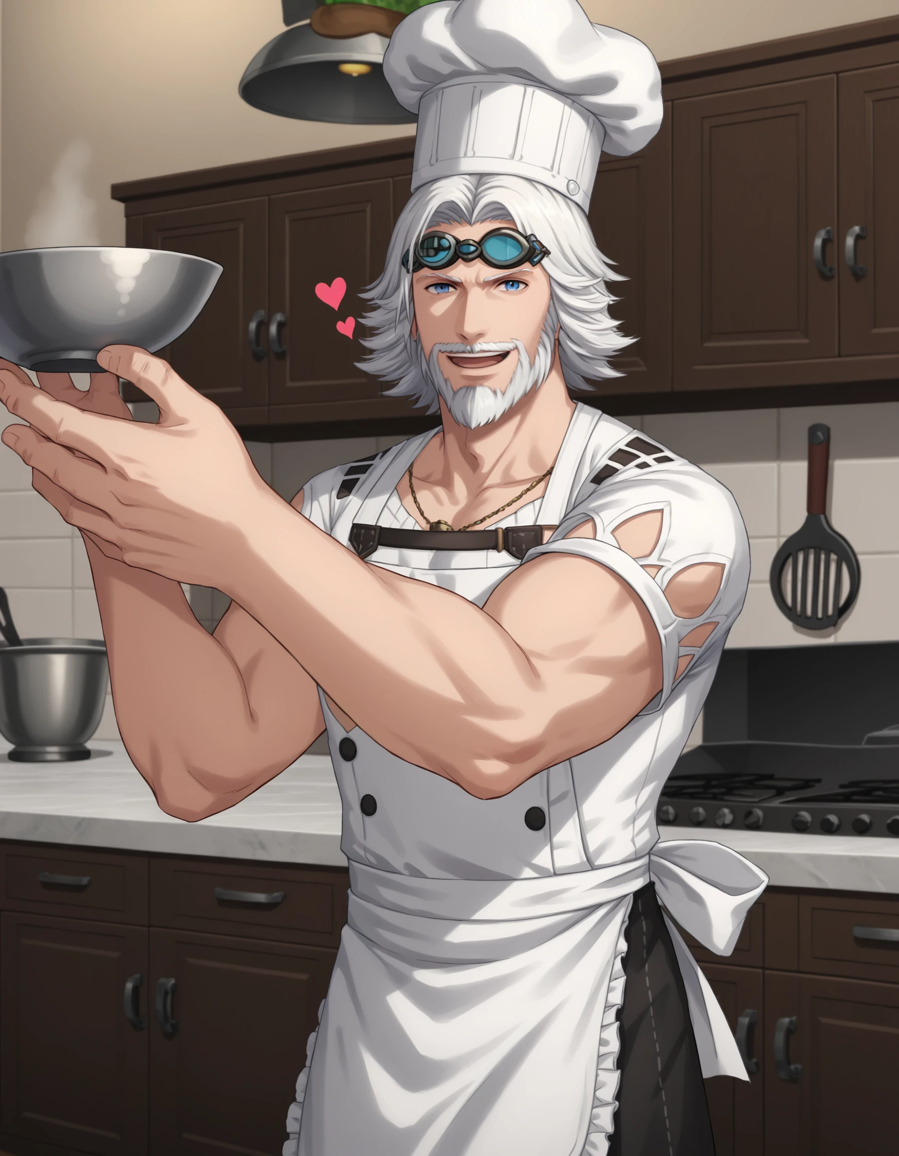 cidnangarlondffxiv, facial hair, 1boy, solo, solo focus, chef hat, blue eyes, chef, white hair, heart, glasses, hat, beard, goggles, white hair, goggles on head, open mouth, mustache, apron, smile, male focus, short hair, shirt, holding, looking at viewer, brown hair, indoors, kitchen, <lora:CidFFXIVPDXL:0.8>