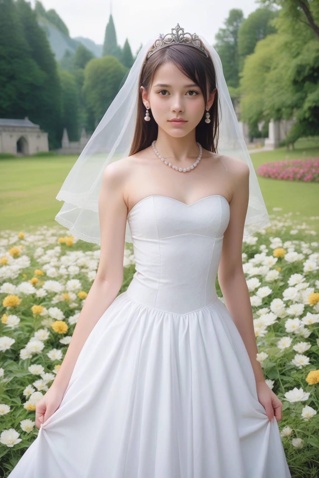 (sweat:0.7),Light yellow wedding dress,white short skirt,woman,japanese,exquisite face, beautiful face,bare shoulders,shoulders slightly exposed,translucent skin,black eyes,black hair,(photorealistic:1.4),realistic details, high resolution,bokeh,outstanding details