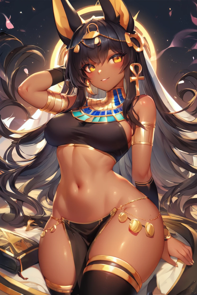 score_9, score_8_up, score_8, medium breasts, cute, eyelashes,       AnubisCitronOC, dark skin, black hair, yellow eyes, pelvic curtain, crop top, thighhighs, smile, looking at viewer,   <lora:Mdastarou:1>, <lora:Anubis_Citron_OC_P1:0.6>,