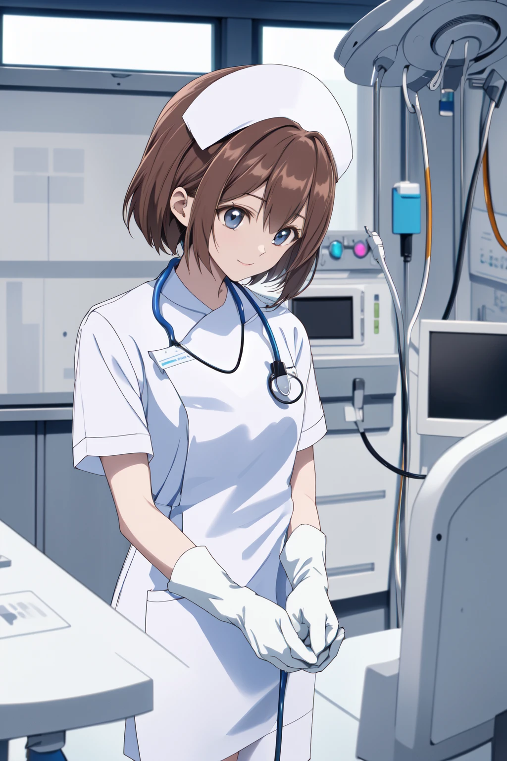 (RAW photo, best quality), wide angle photo, masterpiece, 1girl,  natural lighting
hospital, operating room, surgical gloves, 
(((White))) nurse uniform smooth, nurse, nurse hat, stethoscope  <lora:NurseUniform0_1:0.7>,
<lora:shouko_dr_elise_v1_2:1>, shouko