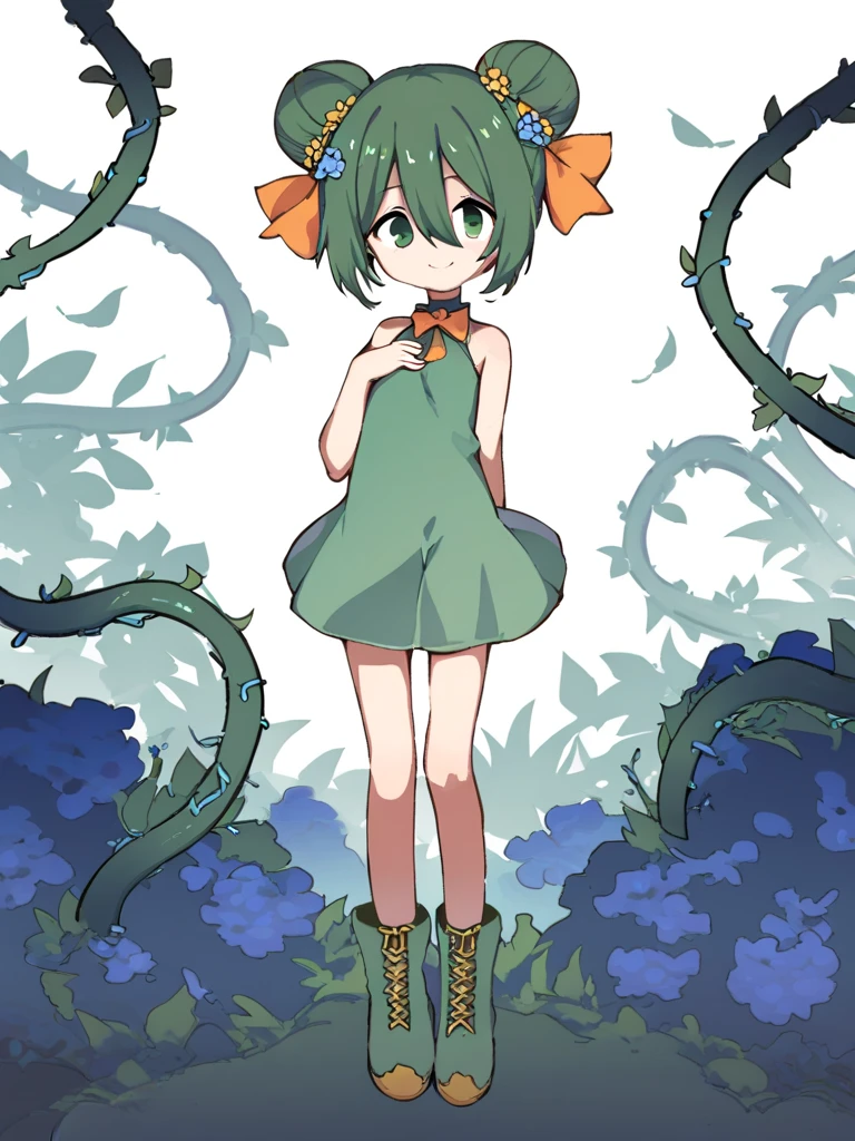 <lora:Orenji-PonyXL-1024px:1>
score_5_up, score_6_up, score_7_up,best quality, masterpiece,
1girl, solo, green eyes, double bun, green hair, dress, green footwear, smile, green dress, white background, flower, full body, simple background, boots, standing, plant, hair between eyes, bare shoulders, bow, closed mouth, sleeveless, short dress, vines, sleeveless dress, back bow, short hair, medium hair, bare arms, leaf, hand up, arm behind back, bangs, hair ornament, looking at viewer, bare legs, choker, hand on own chest, blue flower, orange bow, hair flower