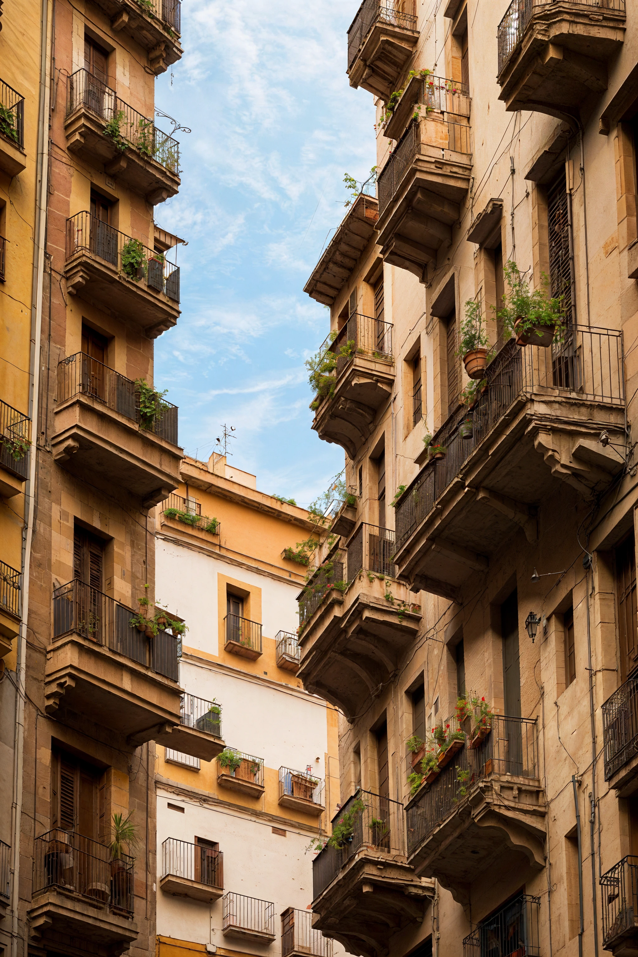 photo of a street in (El Raval:1.1), Barrio Gotico, (Barcelona, Ciutat Vella:1.1), beautiful, masterpiece, Catalonia, Catalunia, (people walking on the street:0.5), balconies, (plants:0.9)