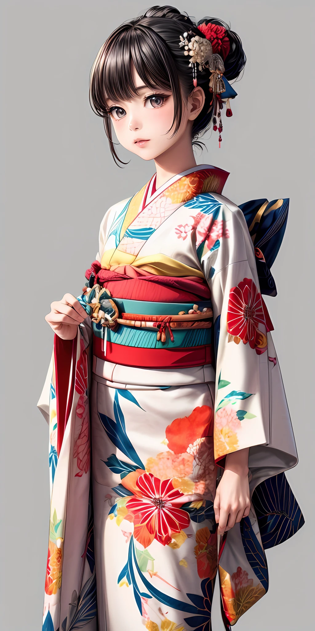 (masterpiece,ultra-detailed,best quality,8K,CG,illustration,shaved:1.0),(girl:1) <lora:more_details:1>,simple background <lora:furisode v1.0:0.6> jyojifuku, furisode, kimono, hair ornament, long sleeves