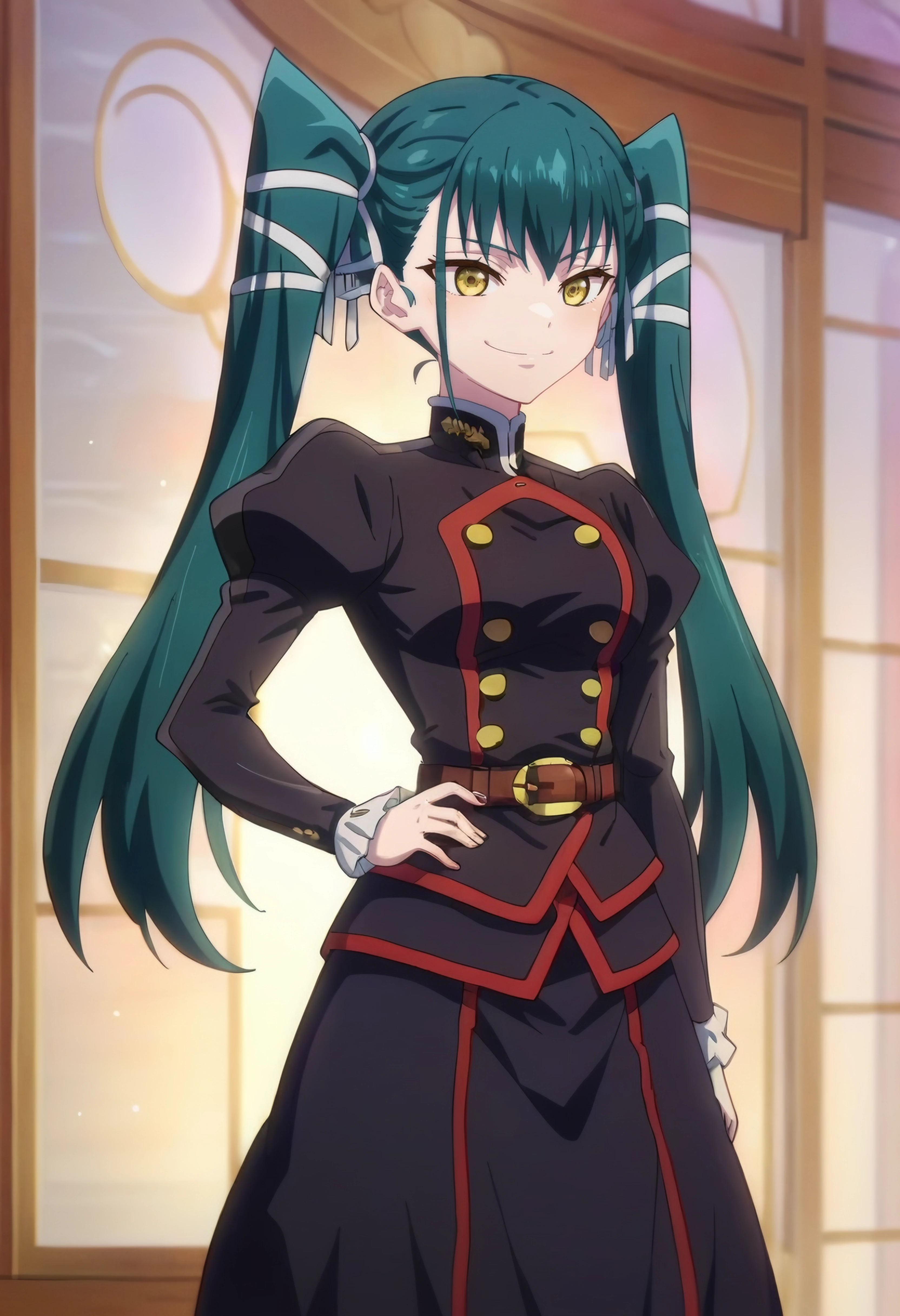 <lora:Yachiho Azuma:1> yachiho azuma, 1girl, solo, yellow_eyes, green_hair, hair_ribbon, twintails, long_hair, bangs, smile , uniform, long_sleeves,layered_skirt, black_skirt ,, score_9, score_8_up, score_7_up, score_6_up, score_5_up, score_4_up , anime coloring ,BREAK source_anime, anime