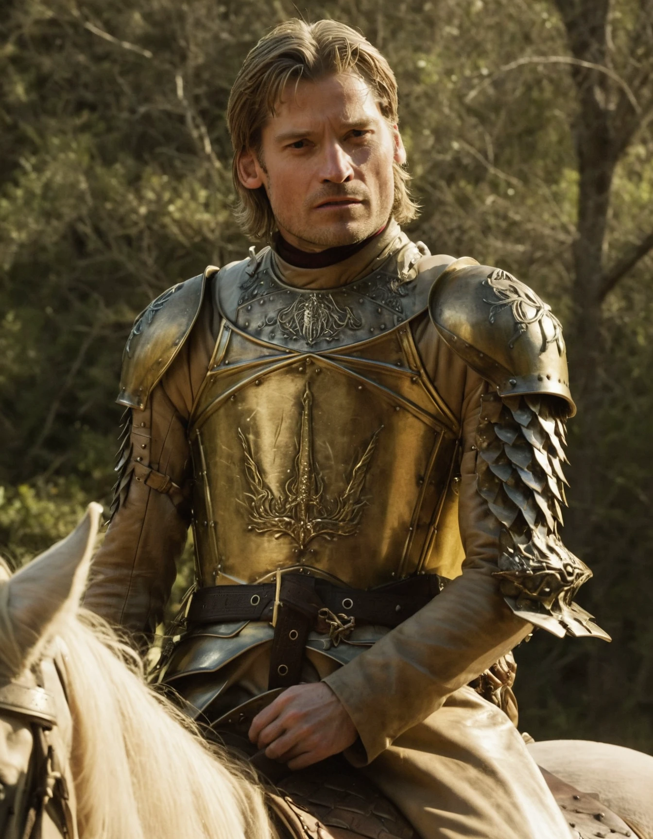 high resolution photo of jme man with blonde long hair,full body shot,volumetric lighting,wearing golden armor,the shot is cinematic,highly detailed skin,he is riding a horse,(sweaty skin:1.2)