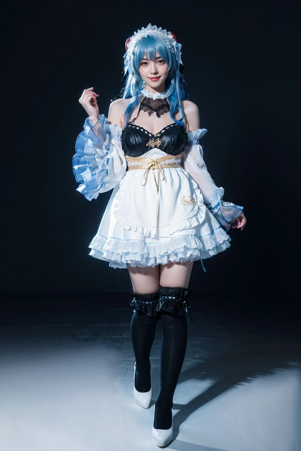 best quality, masterpiece, realistic, photorealistic, 1girl, solo, looking at viewer, smile, standing, full body, ganyu cosplay costume, ganyu, cosplay, genshin impact, long hair, blue hair, alternate costume, dress, apron, white apron, detached sleeves, detached collar, bare shoulders, frills, frilled sleeves, maid headdress, hairband, horns, kneehighs, frilled kneehighs, high heels, dark background, <lora:Genshin_Ganyu_maid_cosplay_v1:0.7>