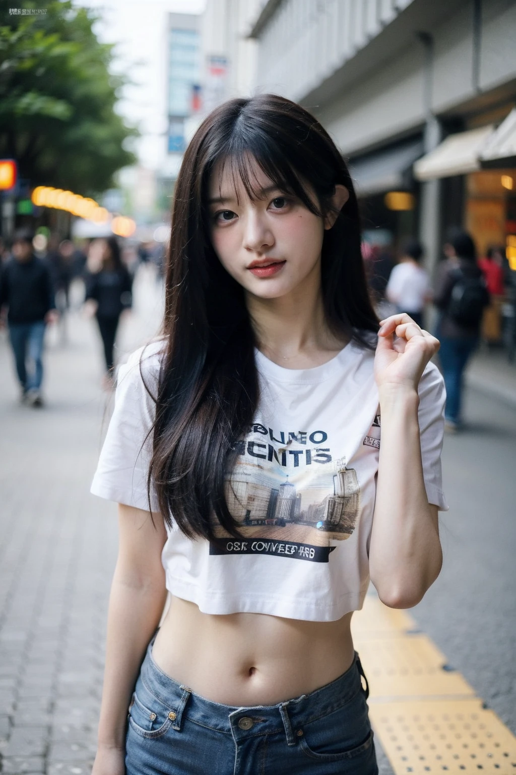 Best quality, masterpiece, ultra high res, (photorealistic), raw photo,1girl, skinny, upper body,solo, realistic, looking at viewer, long hair, bokeh background, city streets,brown eyes,navel, tshirt, jeans,  <lora:makina69_parkminju_v1.0:1>