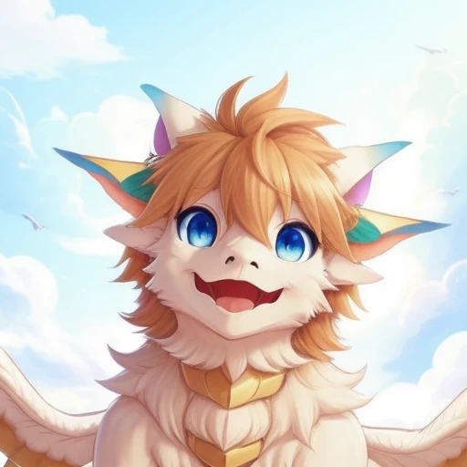 1other, blue eyes, cloud, fang, flam_mana,( blonde hair:1.2), looking at viewer, no humans, open mouth, solo, white dragon, wings <lora:Flammie_White_Dragon_from_Mana_video_games_series:1>