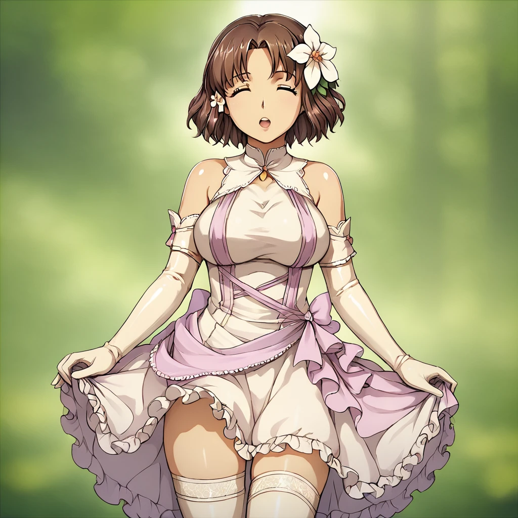 score_9, score_8_up, score_7_up,
ChiffonFairchild,1girl,solo,breasts,short hair,open mouth,large breasts,brown hair,hair ornament,thighhighs,gloves,dress,closed eyes,flower,elbow gloves,hair flower,front view,standing,detailed forest backround
,<lora:Chiffon_Fairchild_pony:0.6>