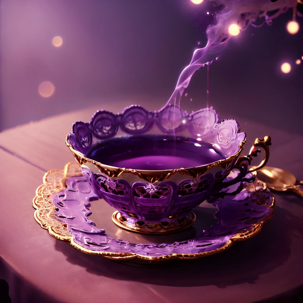masterpiece, best quality, absuredres, <lora:WorldofLace1.0:1>, teacup, on table, purple,