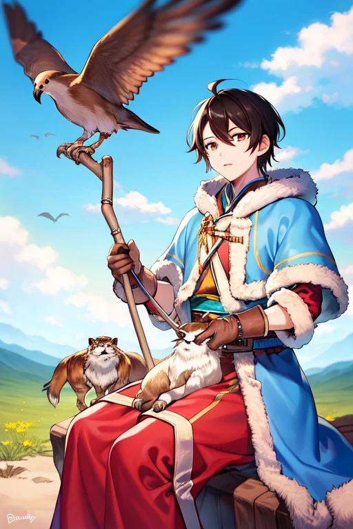 mongolian clothes, animal, standing, holding weapon, fur trim, cloud, blue sky, sitting, gloves, brown eyes, bird