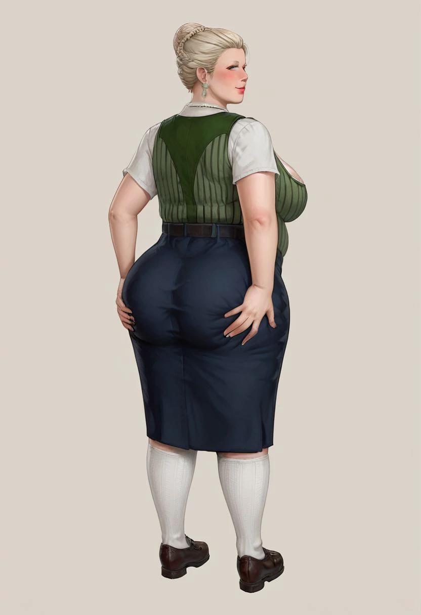 score_9, score_8_up, score_7_up, source_cartoon, rating_explicit, 1girl, solo, sigrun engel, blond hair, hair bun, mature female, cleavage, necklace, white shirt, green vest, belt, blue skirt, white knee socks, shoes, fat, fat rolls, belly, love handles, huge breasts, wide hips, huge ass, thick thighs, standing, hands on ass, spreading ass, anus, looking back, looking over shoulder, eye contact, zPDXL, zPDXLxxx, simple background,