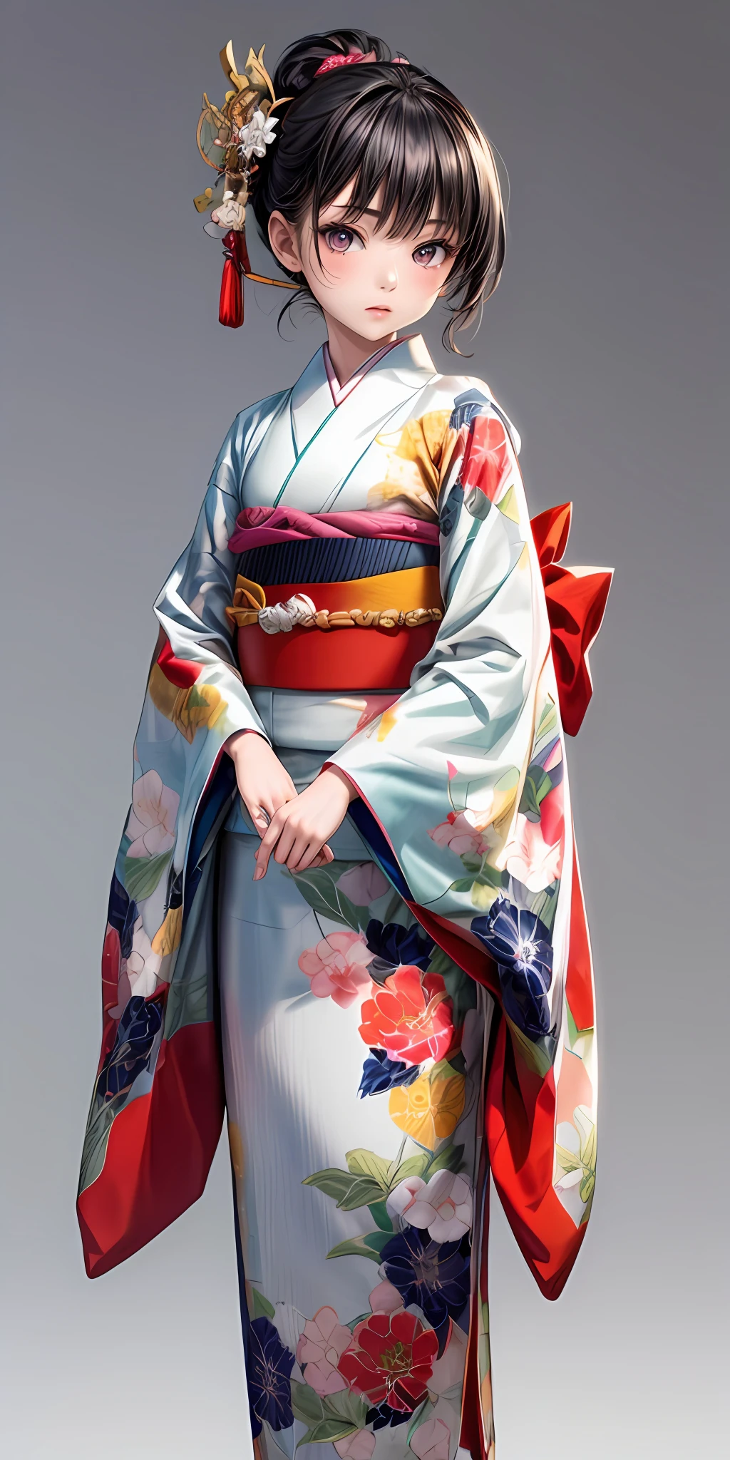 (masterpiece,ultra-detailed,best quality,8K,CG,illustration,shaved:1.0),(girl:1) <lora:more_details:1>,simple background <lora:furisode v1.0:0.5> jyojifuku, furisode, kimono, hair ornament, long sleeves