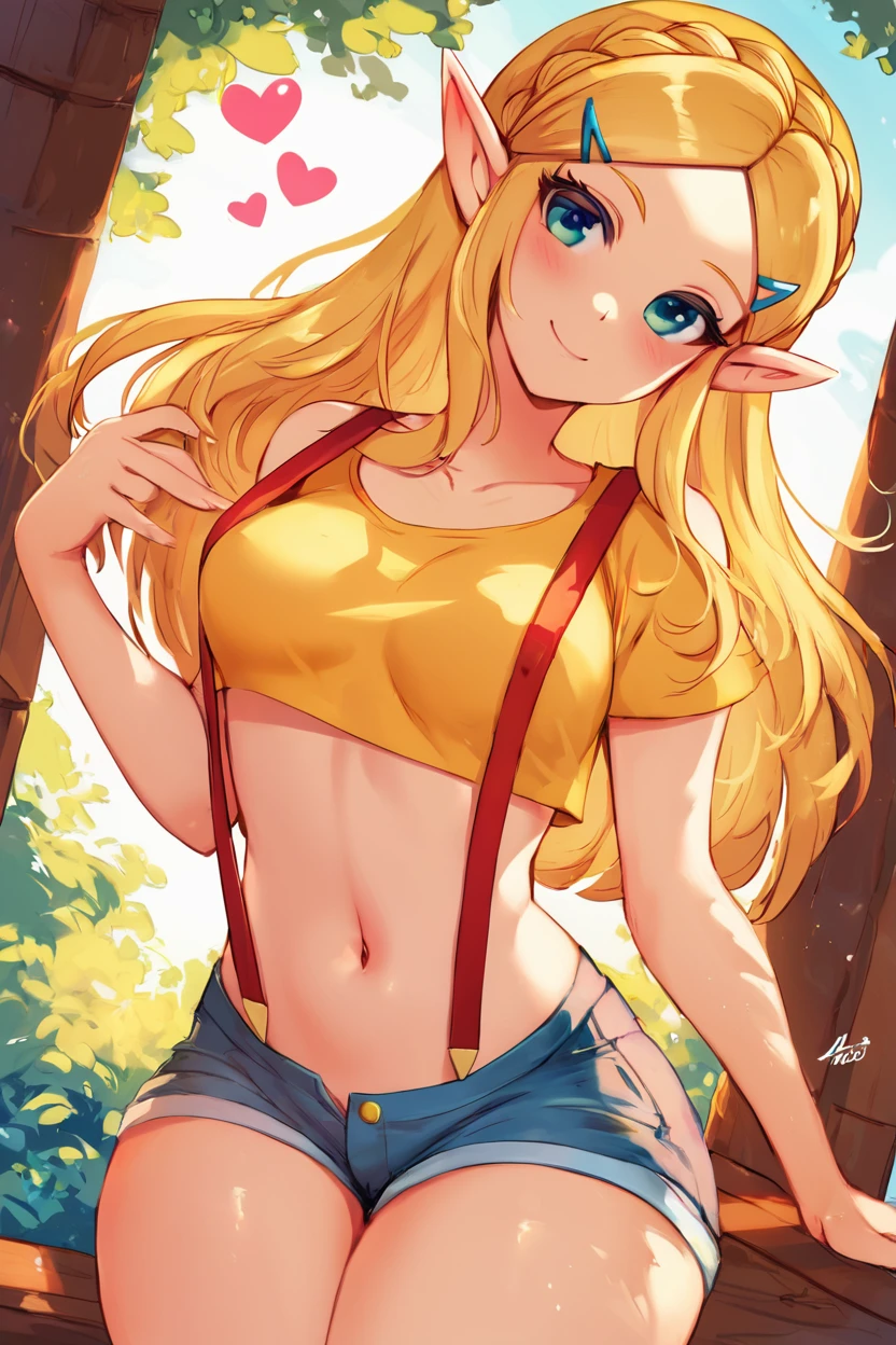 score_9, score_8_up, score_8, medium breasts, (curvy), cute, eyelashes,       misty (pokemon) (cosplay), yellow crop top, suspenders, denim shorts, solo, princess zelda, long hair, crown braid, hairclip, pointy ears, smile, curvy, head tilt,   <lora:Mdastarou:1>, <lora:Misty_Pokemon_Cosplay_P1:0.6>,