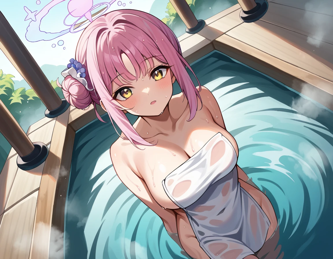 score_9, score_8_up, score_7_up, source_anime,
mikamisono, <lora:mika-misono-ponyxl-lora-nochekaiser:1>,
mika misono, yellow eyes, pink hair, hair bun, halo, single side bun,
nude, naked, 
outdoors, onsen, towel, naked towel, steam, bathing, nude cover, partially submerged, water, bath, steam censor, wet towel,
looking at viewer, cowboy shot, dutch angle,