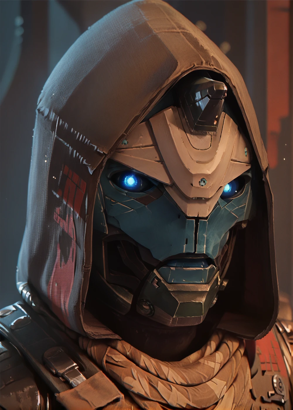 source_cartoon, <lora:Cayde-6_PonyXL:0.8> cayde, armor, robot, colored skin, horn, glowing eyes, blue eyes, scarf, hood, rockseyebrowraise <lora:RocksEyebrowRaise_XLPD:0.6>, BREAK score_9, score_8_up, score_7_up, score_6_up, score_5_up,