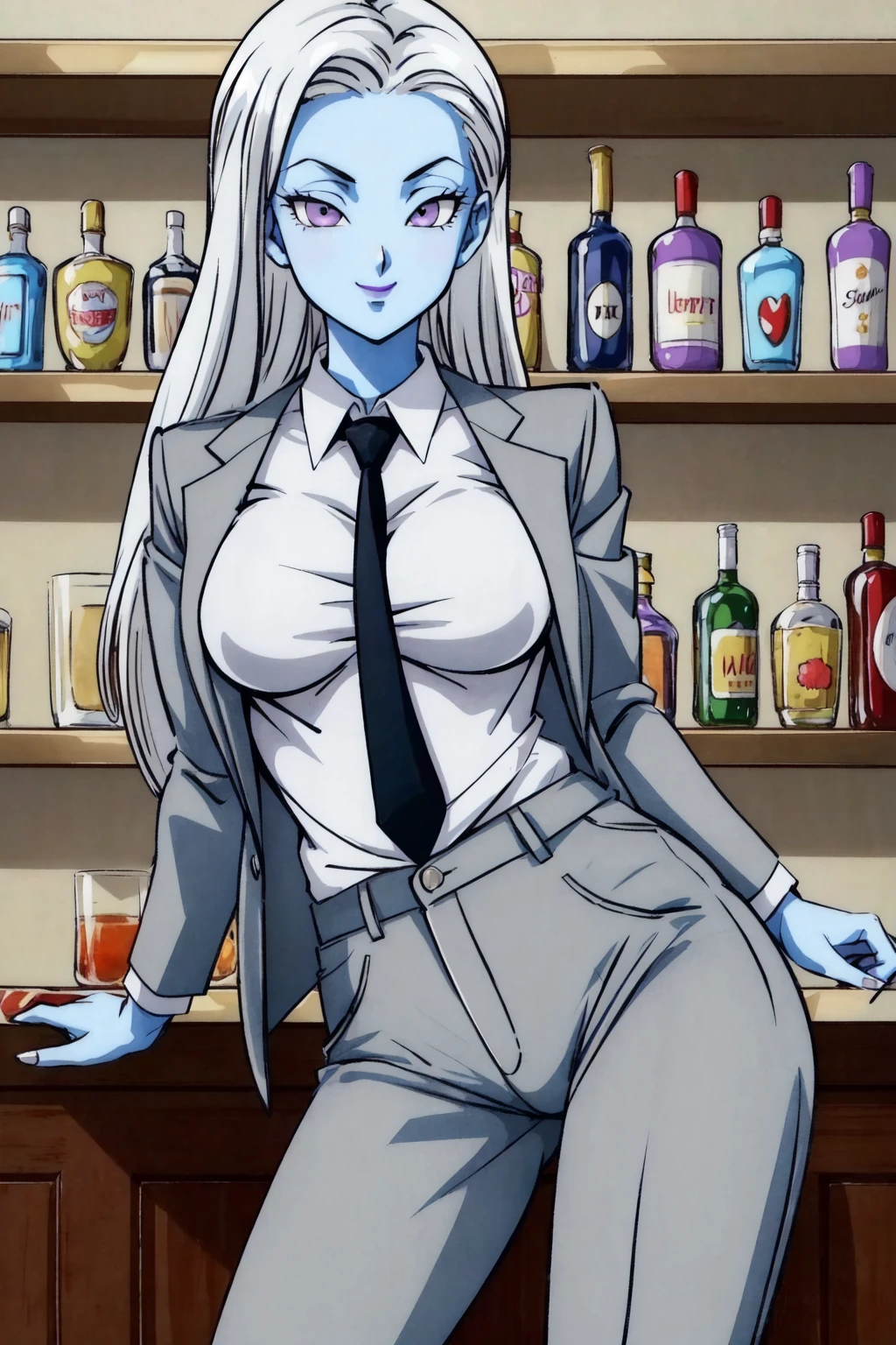 vados,1girl, solo, looking at viewer, white hair,light blue skin, purple eyes,purple lips, cowboy shot,formal, grey suit, grey jacket,jacket, grey pants, white collared shirt,white shirt, (black necktie),smirk,closed mouth,sitting,bar,indoors, shelf, neon lights,medium breasts,contrapposto,(8k,4k,masterpiece, best quality, finely detail,manga,anime coloring) <lora:vados_v1:1>