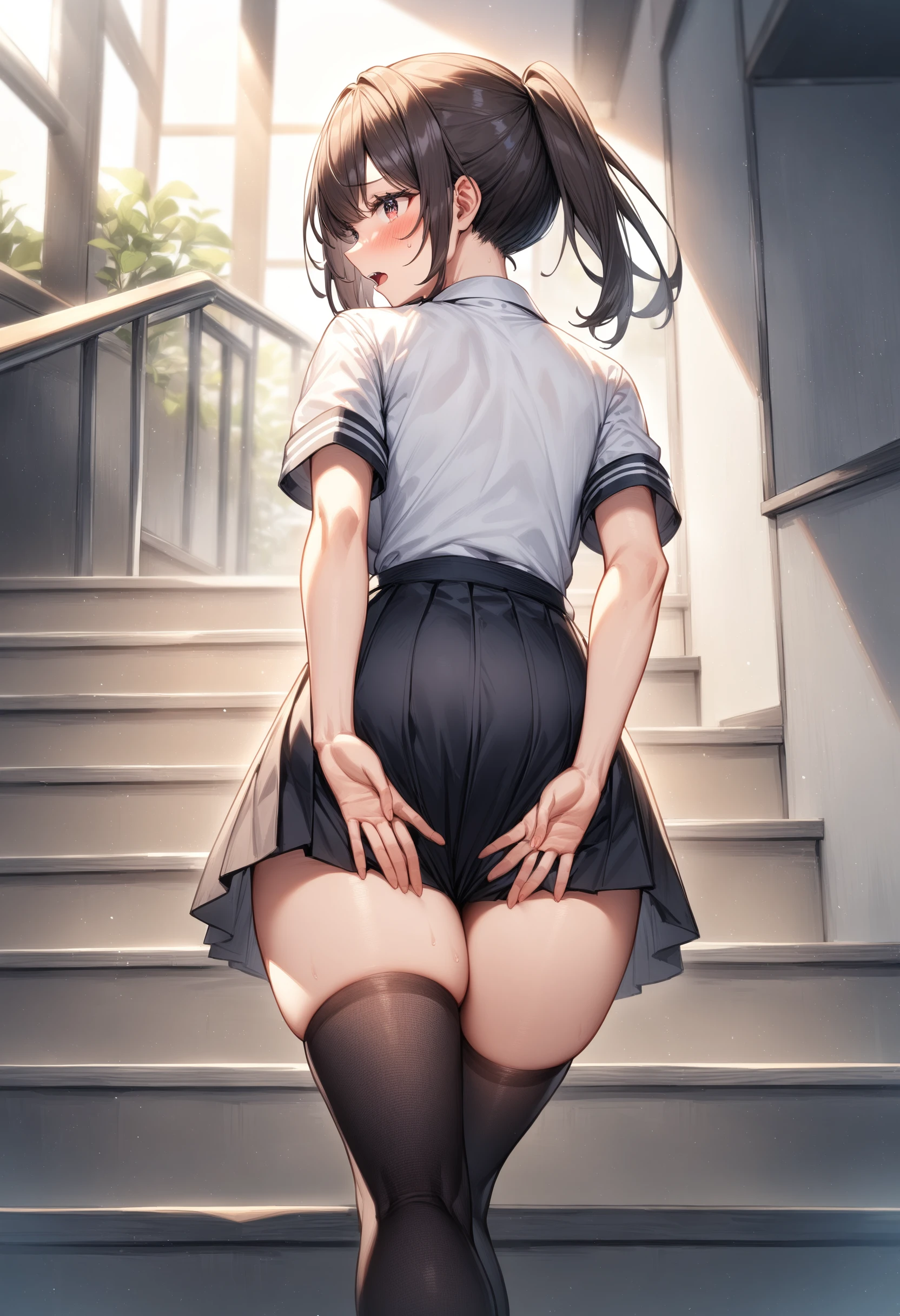 ((highest quality)), ((masterpiece)), (High resolution), 8K, best shadow, The best natural light, cinematic, Two adult women climbing the stairs、20-year-old, (brown hair, ponytail)、Looking back, bashful、blazer、navy check skirt、(dark blue socks)、((Rear view))、Angle from directly below the rear, ((View from directly below))、dark blue socksにクローズアップ、Manga panel layout、cartoon style、Manga Design、station stairs、On the way to school, (Skirts that turn over in strong winds:1.4), Stylish white satin panties, slender body,beautiful thighs, embarrassed look