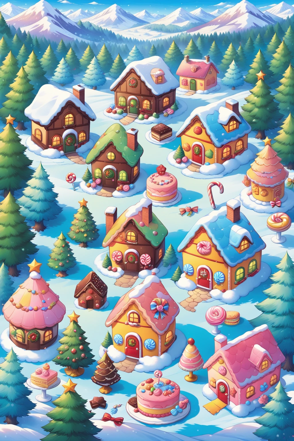 outdoors, food, tree, no humans, window, candy, nature, scenery, snow, forest, mountain, house, christmas tree, candy cane, chimney, pine tree,Candy, cake, chocolate, sandwich cookies, mushrooms, straw hatsï¼  <lora:lora:0.7>