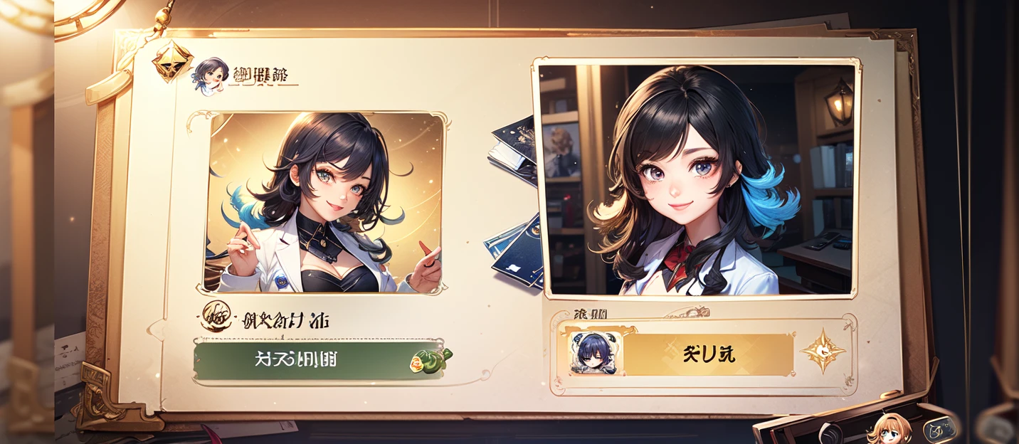 game interface,Card interface,return to title,tab,currency column,black hair,multiple girls,2girls,smile,blue eyes,multicolored hair,looking at viewer,labcoat,yellow eyes,
Exquisite,high-definition,(((high-quality))),
<lora:huanqing_zhizhangee:0.8>,