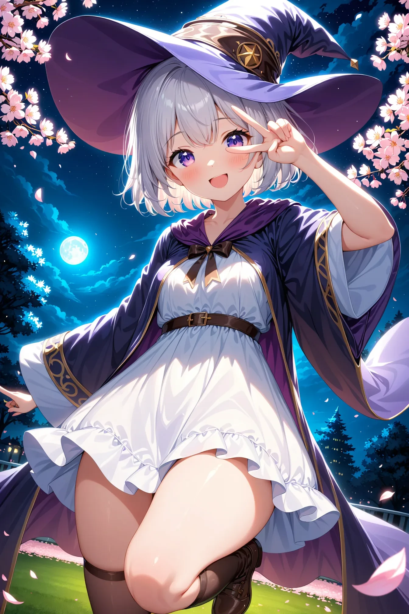 cute, 1girl, solo, white short hair, wizard hat, robe, thighhighs, leg up, close-up, v over eye, happy, night, moonlight, light particles, park, cherry blossoms, petals, dynamic angle, depth of field, masterpiece, best quality