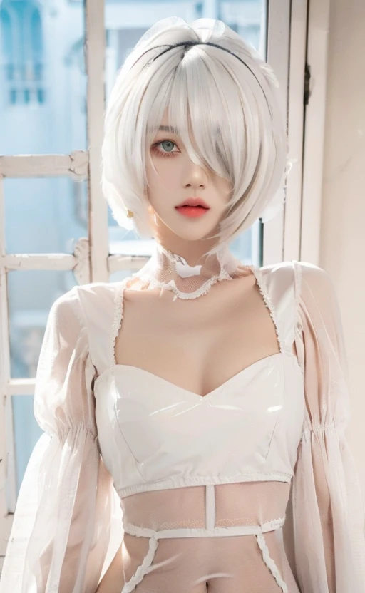 ((stunning masterpiece,stunning photorealistic,stunning 16k)),(best quailty:1.2),(RAW photograph),(ultra-detailed:1.1),//makeup,timeless elegant & exquisite,//stunning narrow waist,(pureerosface_v1:0.5),<lora:tianfeng_filmgirls5:0.5>,1girl,solo,closed mouth,(//pale skin,medium breasts:1.5),looking at viewer,pose,volumetric light,ultra highres,vivid,white thighhighs,(white hair,Inverted Bob Haircut:1.5),(bangs covering one eye:1.66),((frills, white sheer sleeves,white sheer dress,white sheer bridal veil,elegant blue eyes)), white lace dress,black gloves, <lora:Nier_Automata_2B_White_Wedding_Dress_Bride_Cosplay_Realistic_LoRA_SD1.5:0.7>