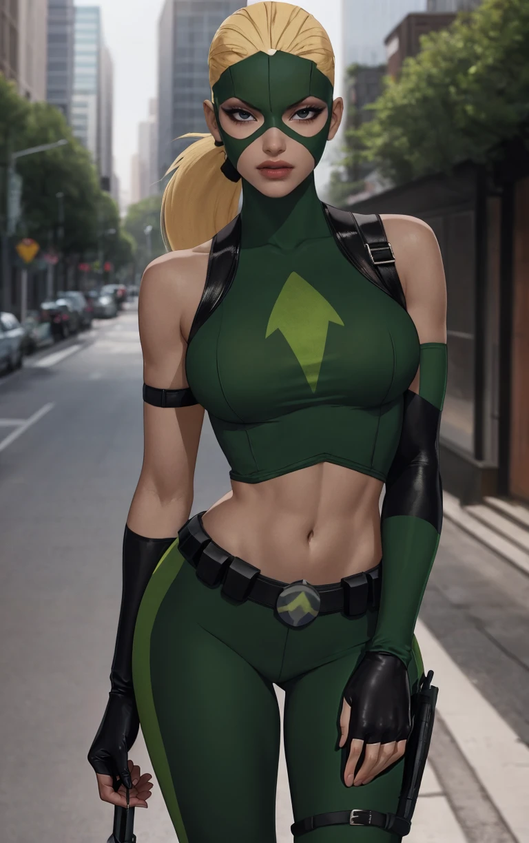 Costume_DC_YJ_Artemis_ownwaifu,
1girl, mask, domino mask,  blonde hair, very long hair, ponytail, dark skin, dark-skinned female, lips, makeup, black eyes, toned, lipstick, medium breasts, breasts, 
 crop top, midriff, gloves, navel, quiver, belt, fingerless gloves, green gloves, bare shoulders, bodysuit, sleeveless,  elbow gloves, green pants, green shirt, green leotard,
<lora:CARTOON_DC_YJ_Artemis_ownwaifu:0.8> 
((masterpiece)),((best quality)),(highres, absurdres), original, official_art, looking at viewer, solo, focused, outdoors, day, cowboy shot,