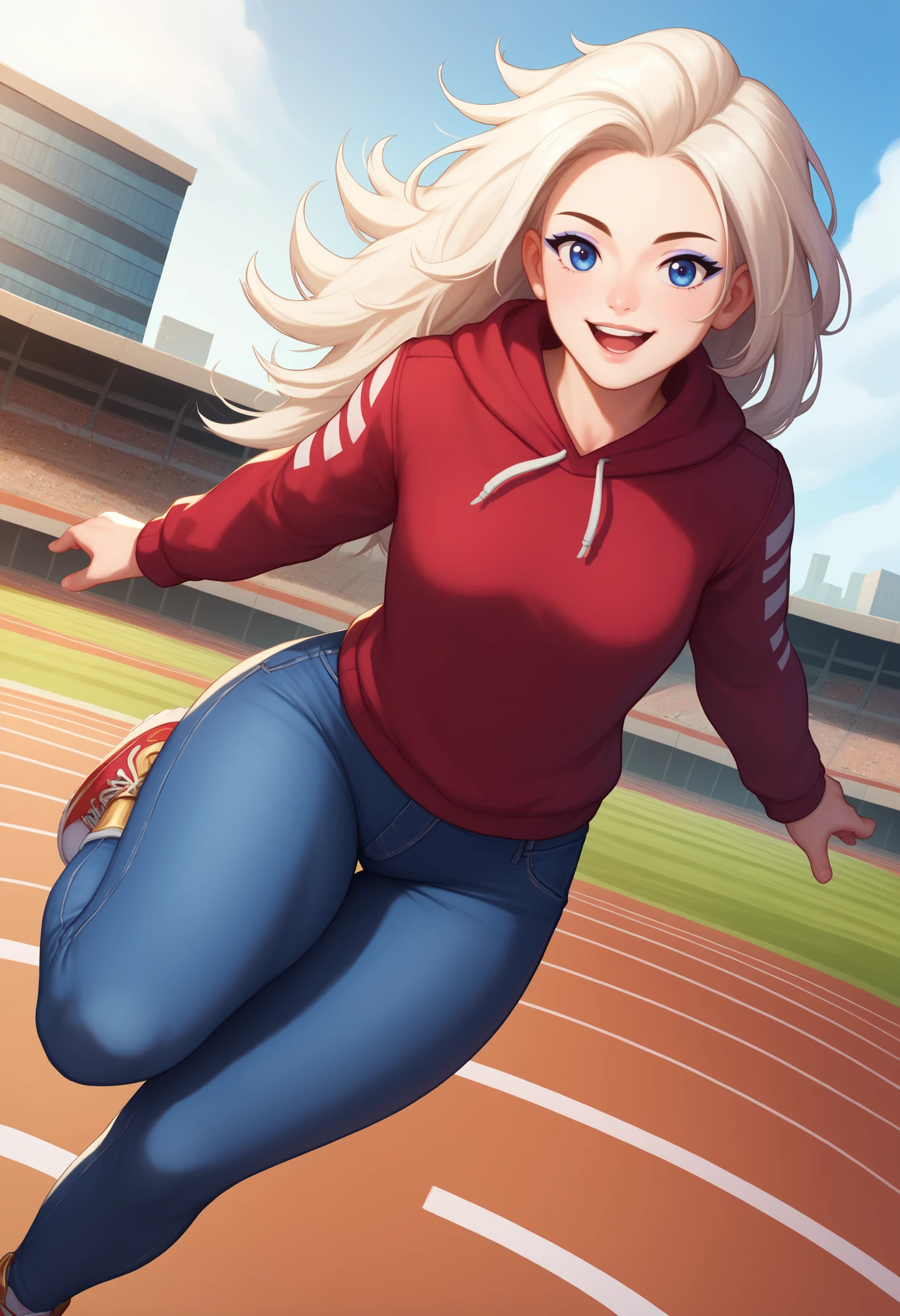 score_9, score_8_up, score_7_up, detailed, shaded, soft shading, BREAK 1girl, solo, MarianKelly, blue eyes, eyeliner, white hair, long hair, <lora:MarianKellyPDXL_V1-Manityro-CAME:1.0>, outdoors, city, track and field,
looking at viewer, happy, toned, thick thighs, jumping,
red hoodie, jeans, sneakers