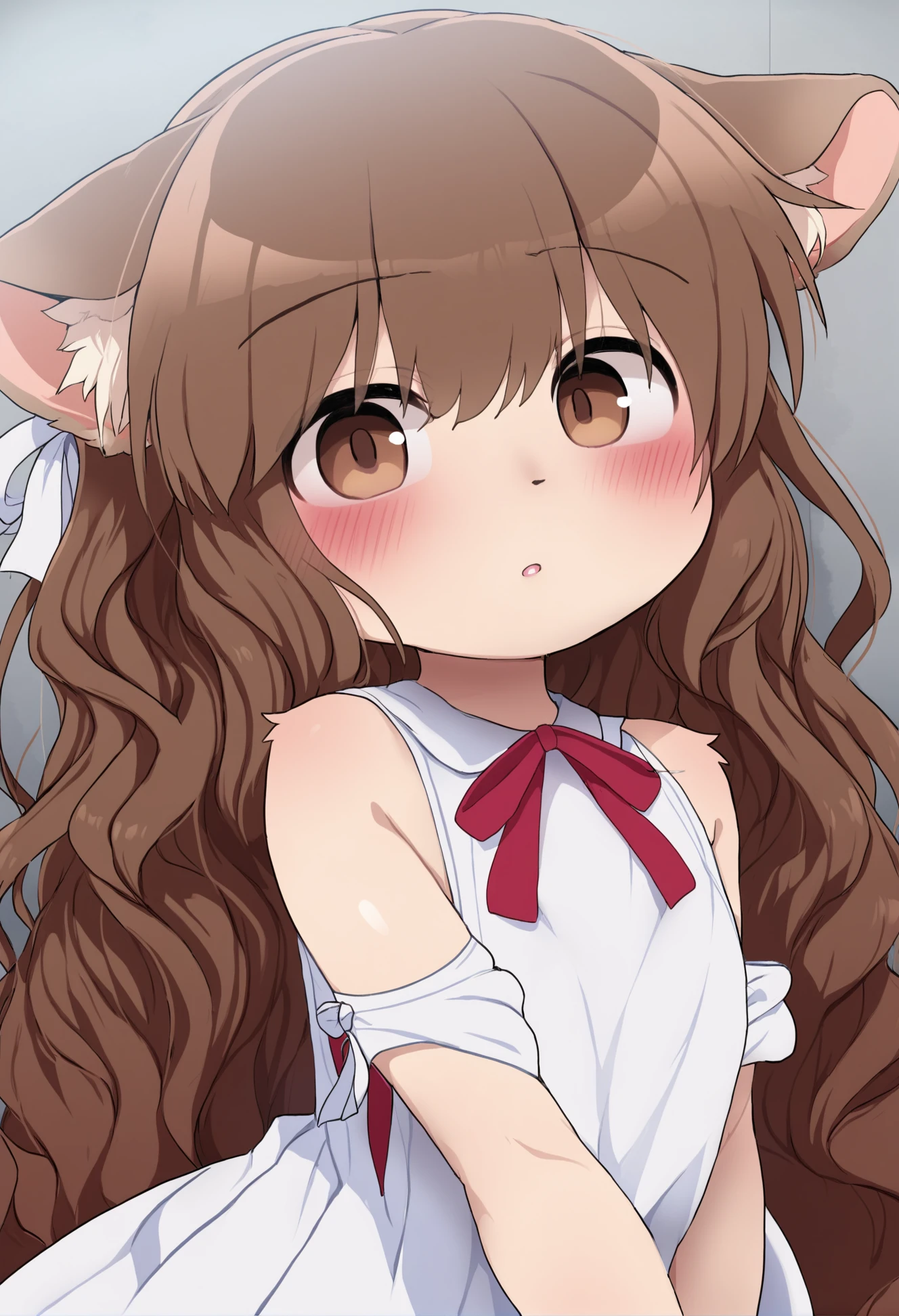 masterpiece, hyper detailed, best quality,(furry:1.3),1girl, solo, long hair, animal ears, looking at viewer, brown eyes, blush , brown hair, upper body, parted lips, bangs, ribbon , dress, white dress  ,<lora:DAGASIXLlokr8f-000188:0.95>