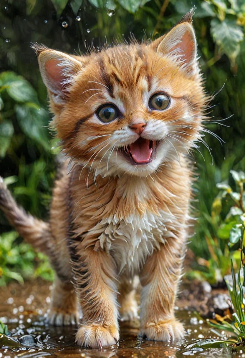 little playing kitten realistic, wet nose, bristly fur, stalking pose to catch little mouse, cheerful and happy look