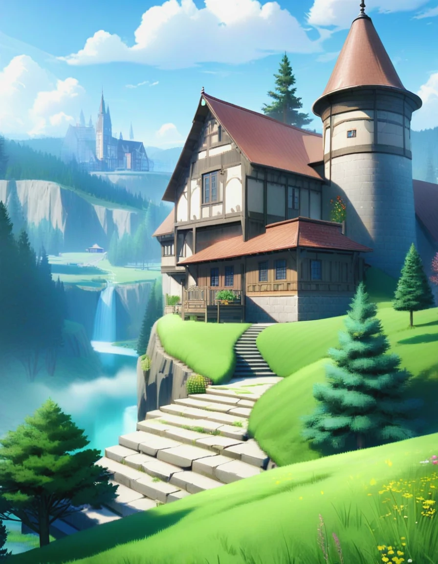 1other,architecture,building,chimney,cliff,cloud,day,grass,house,nature,outdoors,pine_tree,scenery,sky,smoke,stairs,tree,<lora:add_details_xl:2>,