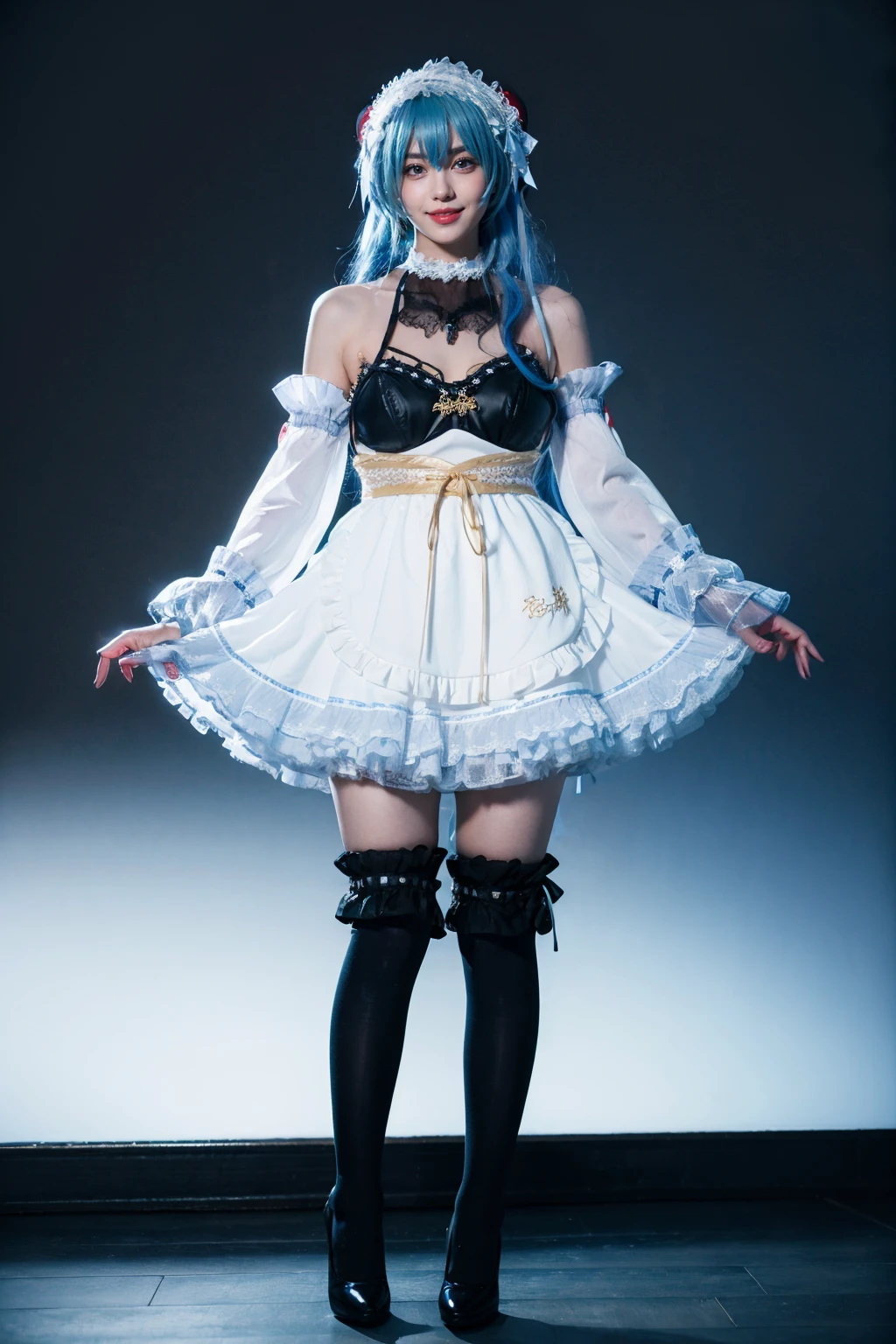 best quality, masterpiece, realistic, photorealistic, 1girl, solo, looking at viewer, smile, standing, full body, ganyu cosplay costume, ganyu, cosplay, genshin impact, long hair, blue hair, alternate costume, dress, apron, white apron, detached sleeves, detached collar, bare shoulders, frills, frilled sleeves, maid headdress, hairband, horns, kneehighs, frilled kneehighs, high heels, dark background, <lora:Genshin_Ganyu_maid_cosplay_v1:0.7>