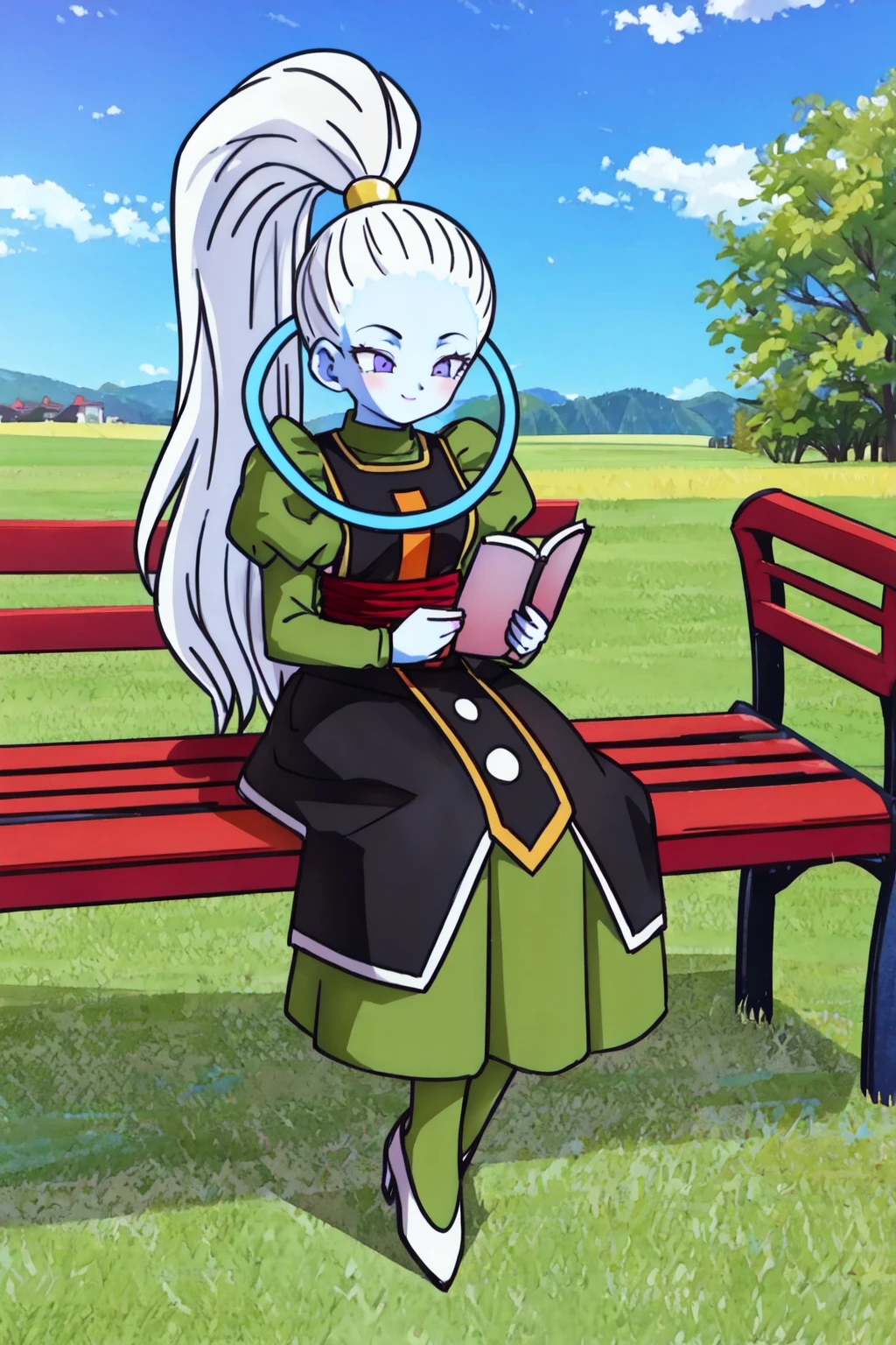 vados, 1girl,light blue skin, solo, white hair, purple eyes,long hair, sitting, bench, reading, book, grass, blue sky, green dress, black tabard,white shoes,high heels, green pantyhose,halo, smile,red sash, high ponytail,black high-waist skirt,yellow trim,looking down,(best quality, masterpiece) <lora:vados_v1:1>