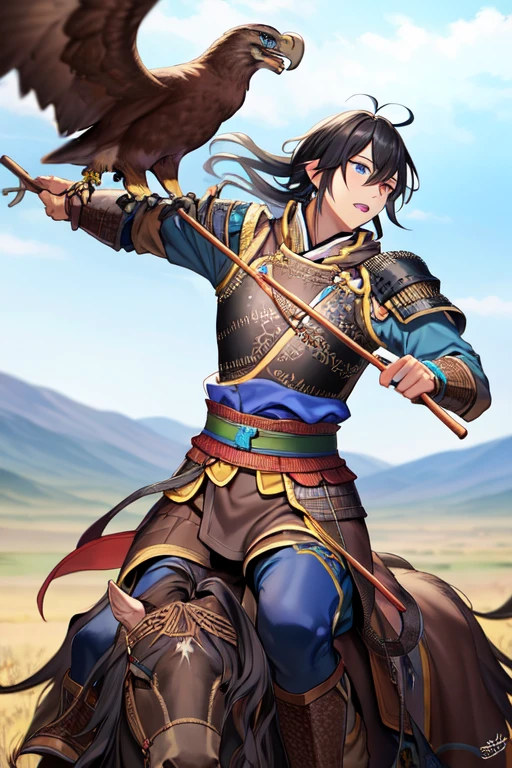 mongolian clothes, armor, open mouth, blue eyes, music, playing instrument, riding, eagle, upper body, boots, parted lips