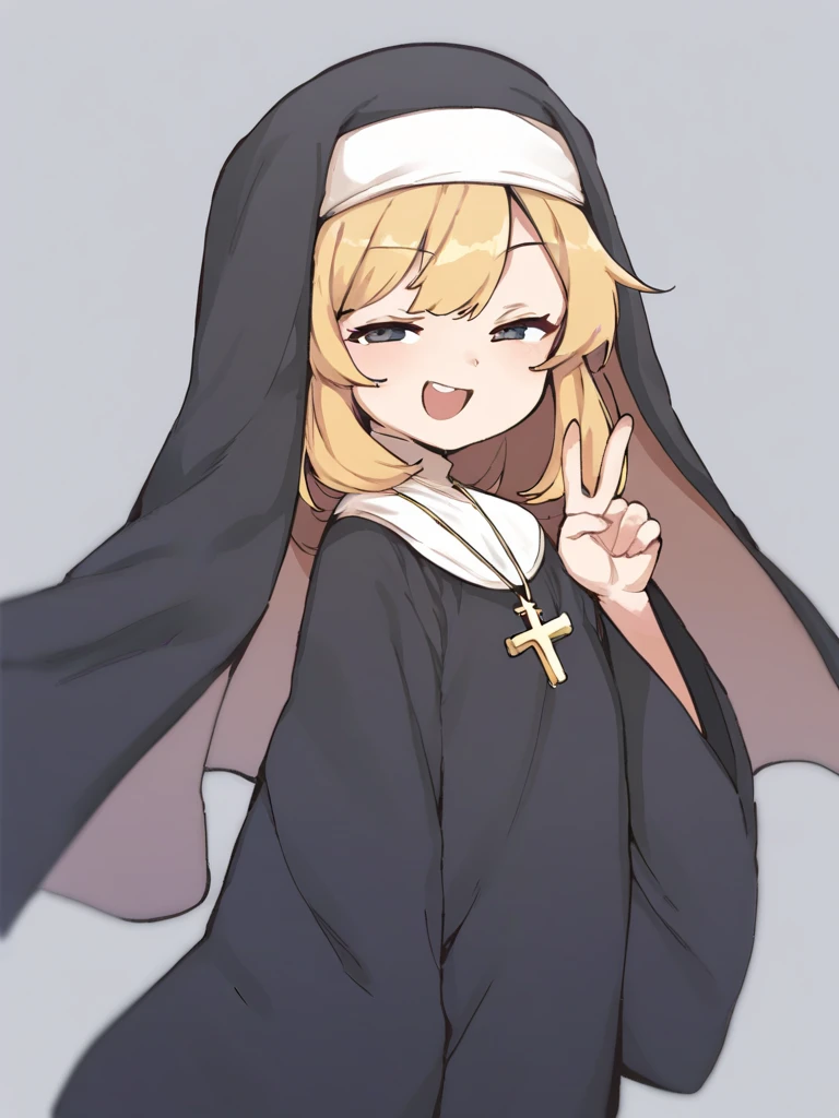 <lora:Orenji-PonyXL-1024px:1>
score_5_up, score_6_up, score_7_up,best quality, masterpiece,
 1girl,  solo, standing, hand up, v, wearing (black robe, habit), long sleeves, wide sleeves, smile, long blonde hair, cross, simple background, open mouth, smug