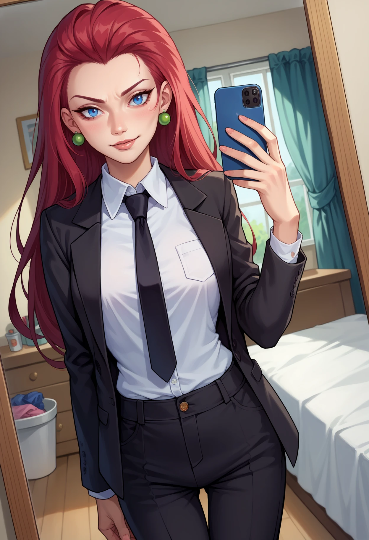 score_9,score_8_up,score_7_up,score_6_up, source_anime, 1girl, solo, <lora:EPpkJessiePony-05:1.0>, EPpkJessie, long hair, blue eyes, red hair, hair slicked back, business suit, black pants, white collared shirt, black suit, black jacket, black necktie, selfie, taking picture, mirror selfie, bedroom, bed, mirror,