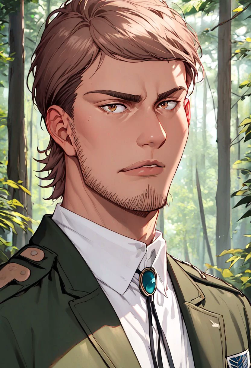 score_9, score_8_up, score_7_up, solo male, Jean Kirstein, brown hair, light-brown eyes, thin eyebrows, facial hair, stubble, paradis military uniform, white collared shirt, bolo tie, green army coat, white pants, black combat boots, handsome, charming, alluring, (portrait, close-up:1.2), upper body, perfect anatomy, perfect proportions, best quality, masterpiece, high_resolution, cowboy shot, forest background, background, (perfect face, perfect eyes:1.3)